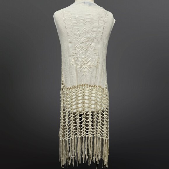 Y2K Long Crochet Duster Cardigan Fringed Vest Size M Boho Festival Fairy - Picture 7 of 11
